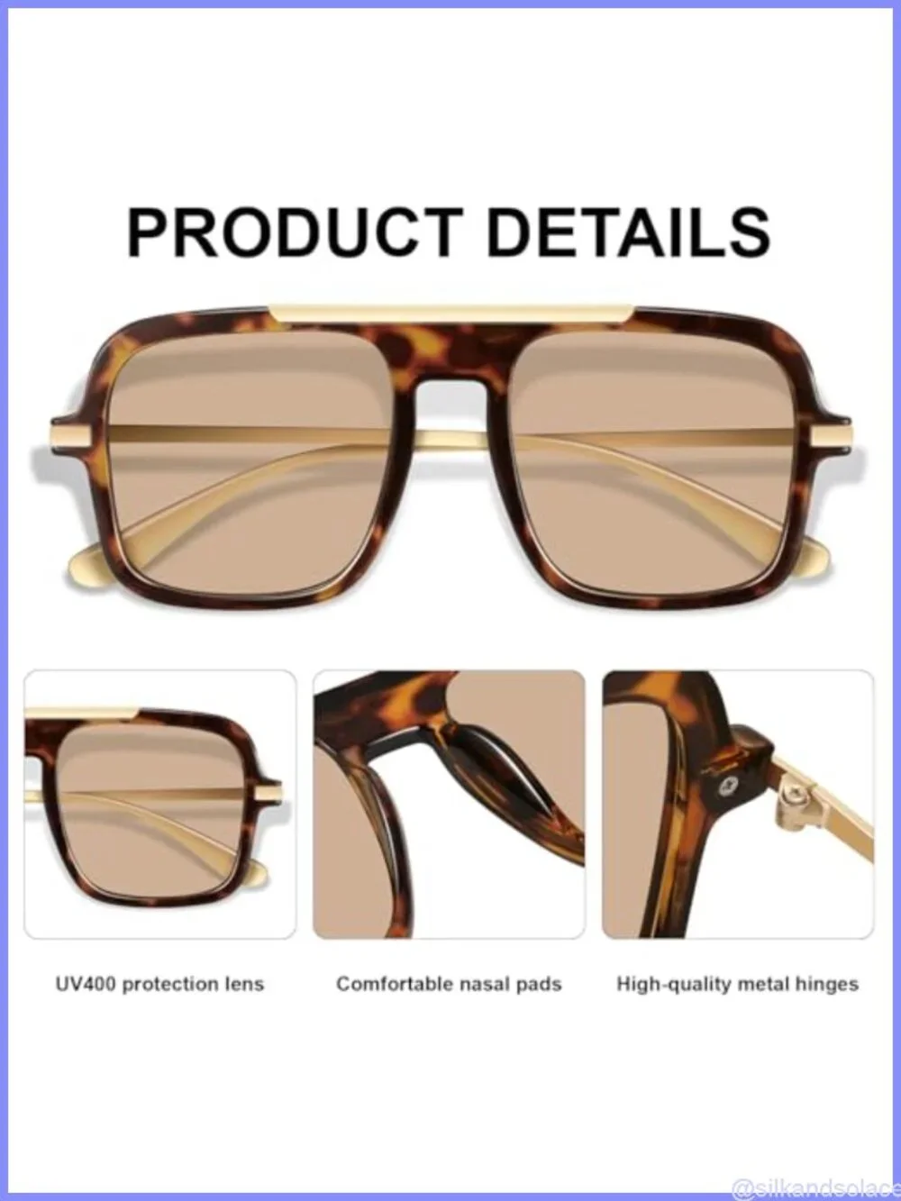 Oversized Square Aviator Sunglasses UV400 Full-Frame Retro 70s Style
